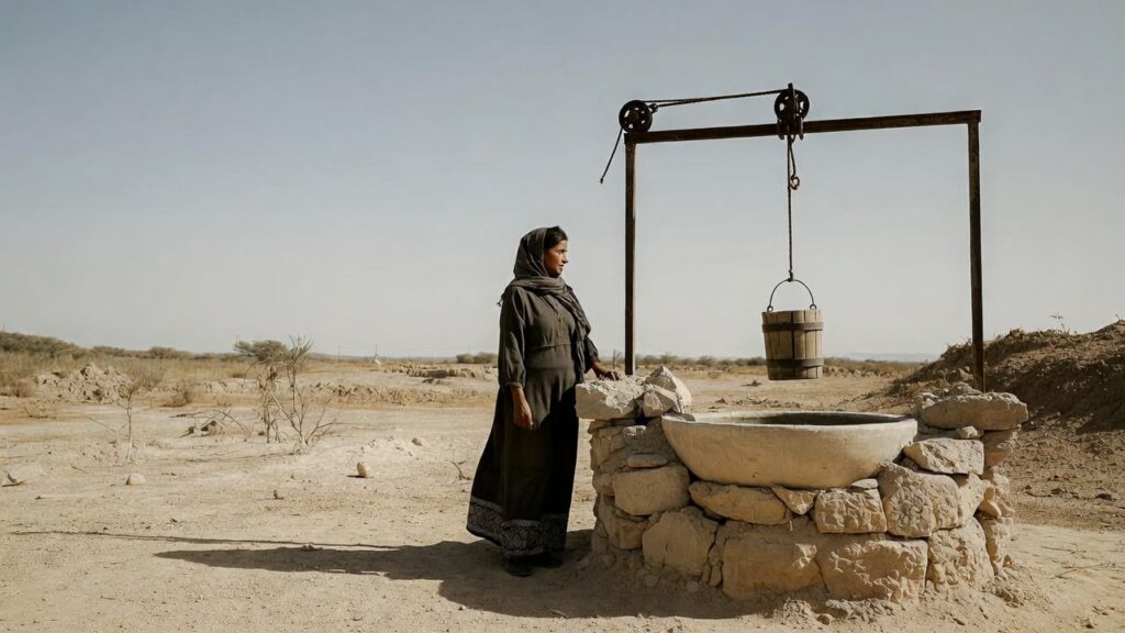 Samaritan woman drawing water at the well biblical scene.