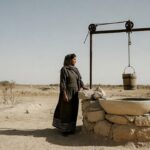 Samaritan woman drawing water at the well biblical scene.