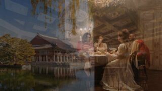 A reflection of two women sitting at a table.